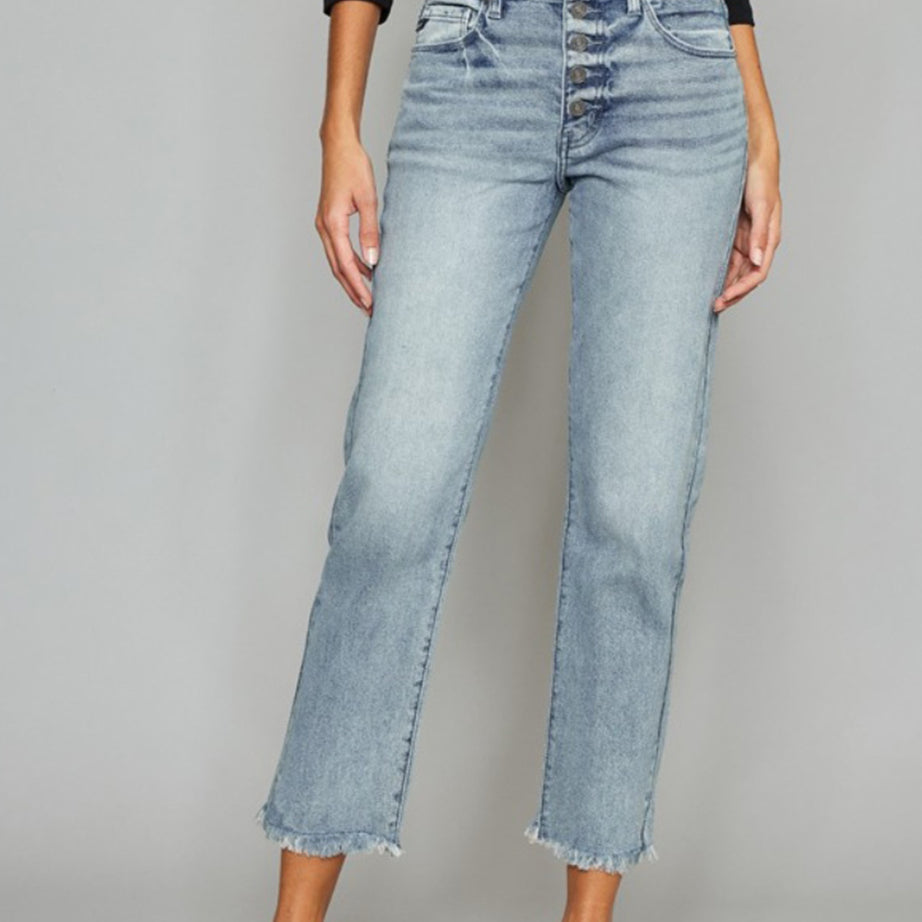 Kancan High Waist Button Fly Raw Hem Cropped Straight Jeans