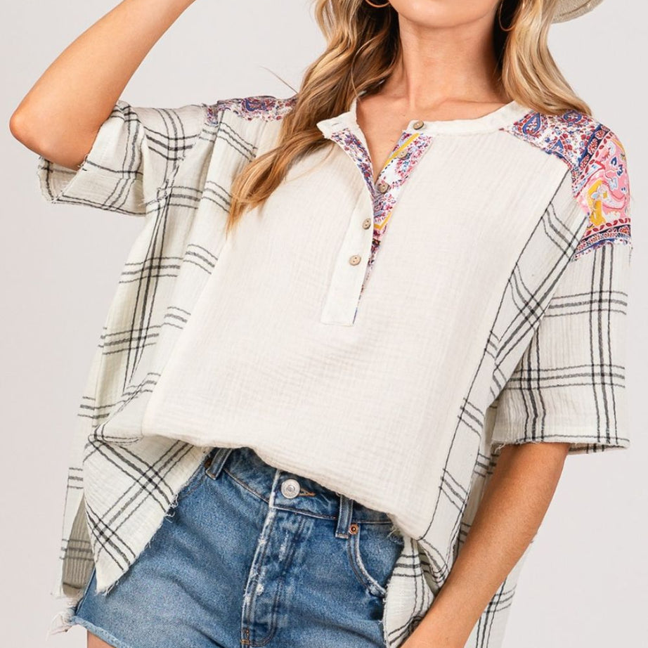 SAGE + FIG Plaid Half Button Gauze Top