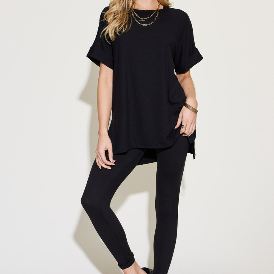 Zenana Plus Size Short Sleeve Slit T-Shirt and Leggings Lounge Set