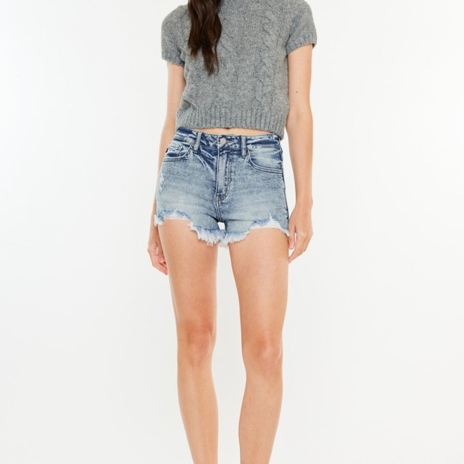 Kancan High Rise Frayed Hem Denim Shorts