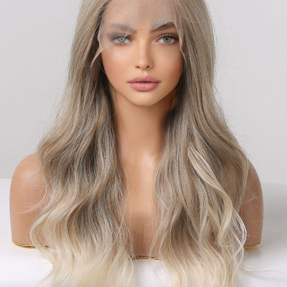 13*2" Lace Front Wigs Synthetic Long Wave 24" 150% Density in Medium Blonde Highlights