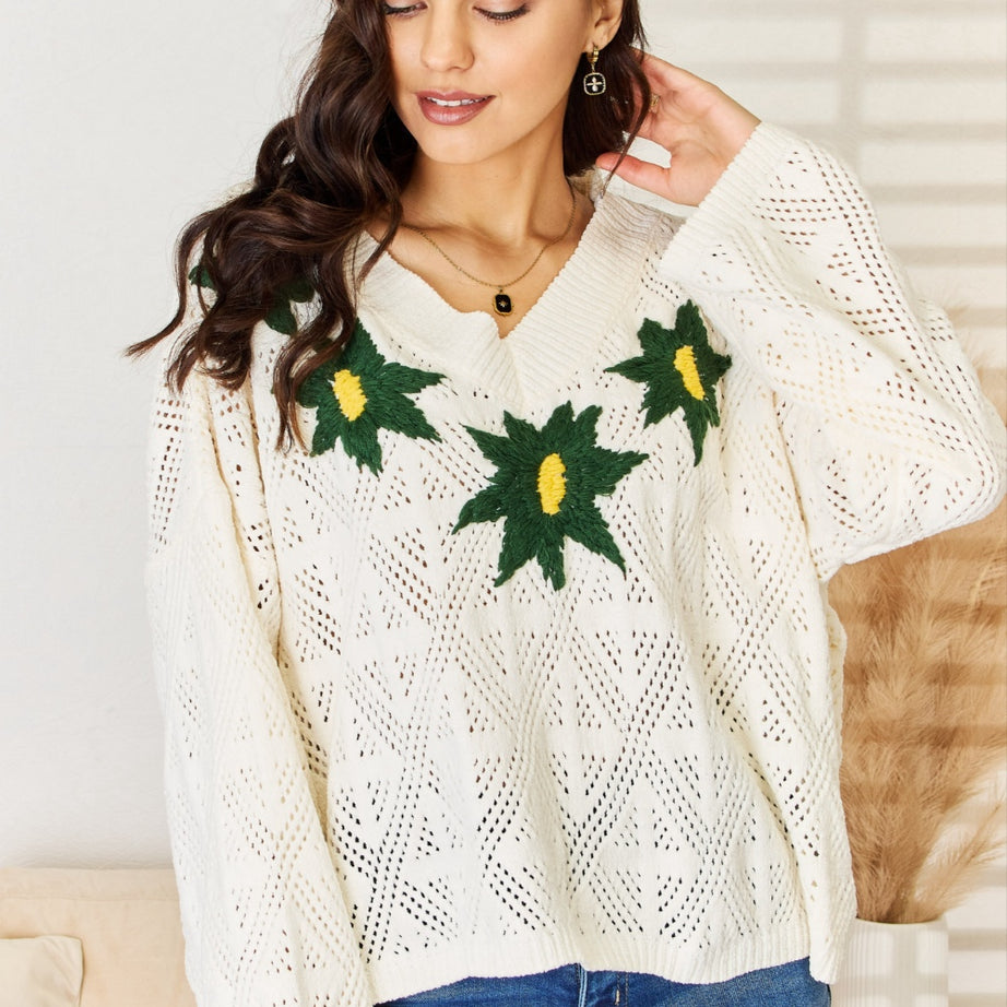 POL Floral Embroidered Pattern V-Neck Sweater