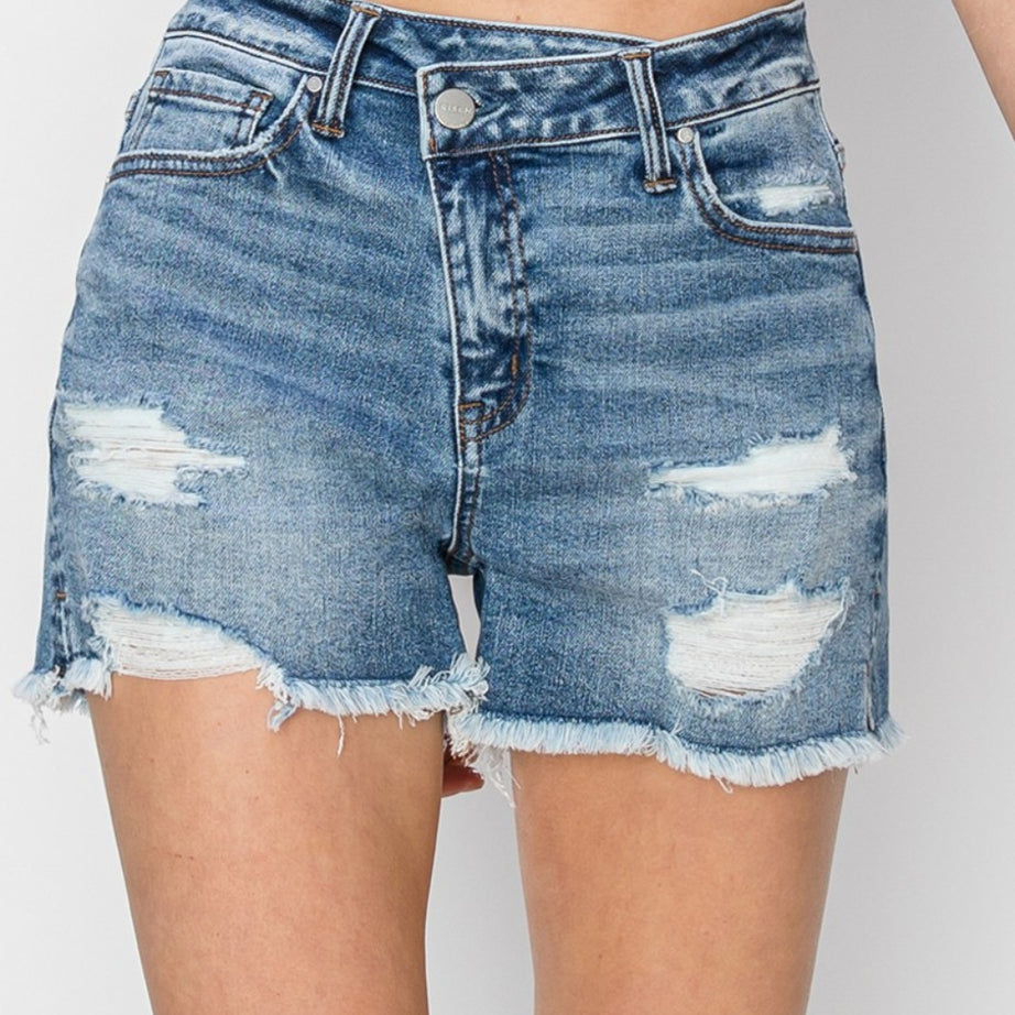 RISEN Stepped Waist Frayed Denim Shorts