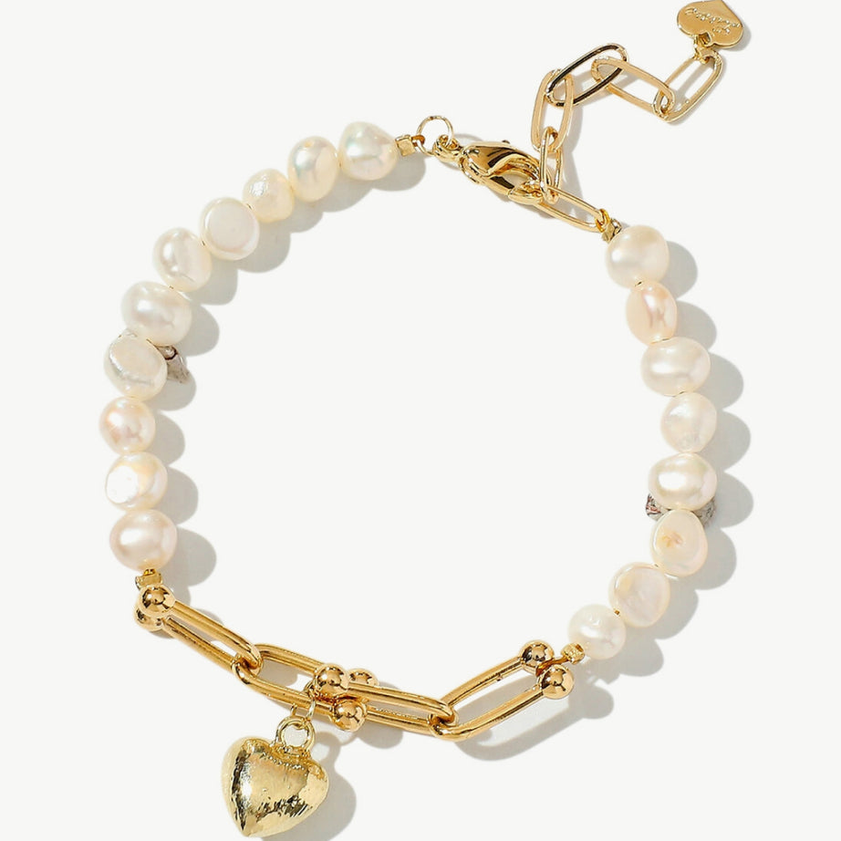 14K Gold Plated Heart Charm Pearl Bracelet