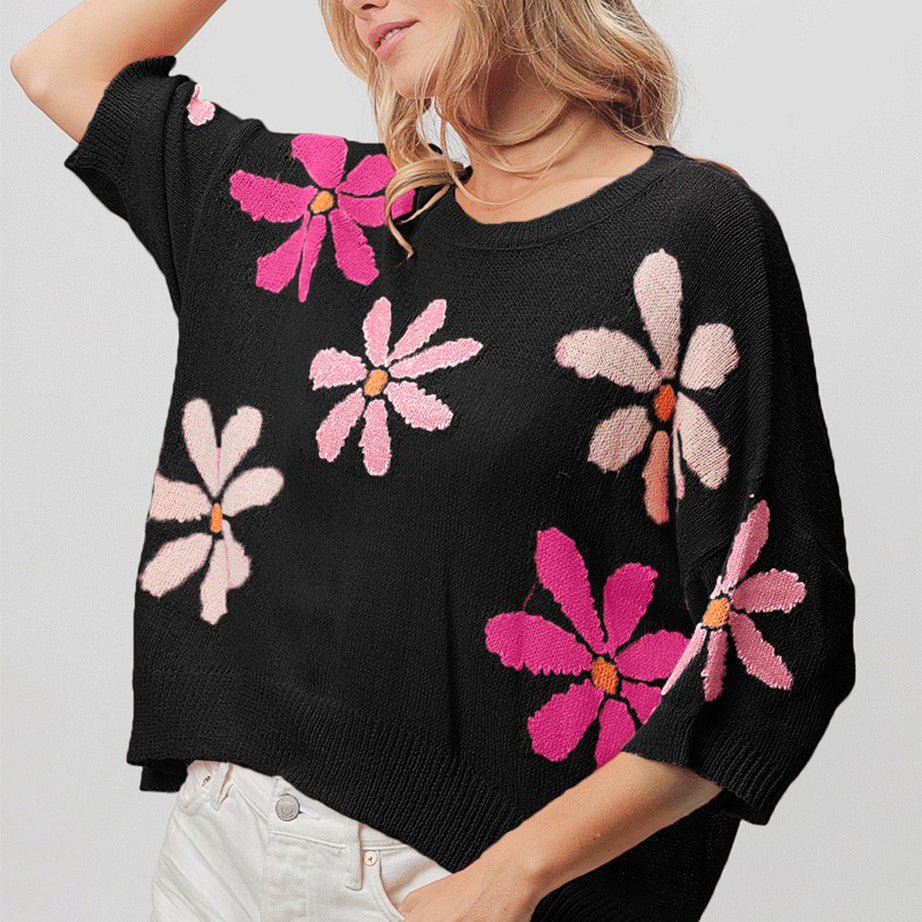 BiBi Floral Pattern Cropped Sweater