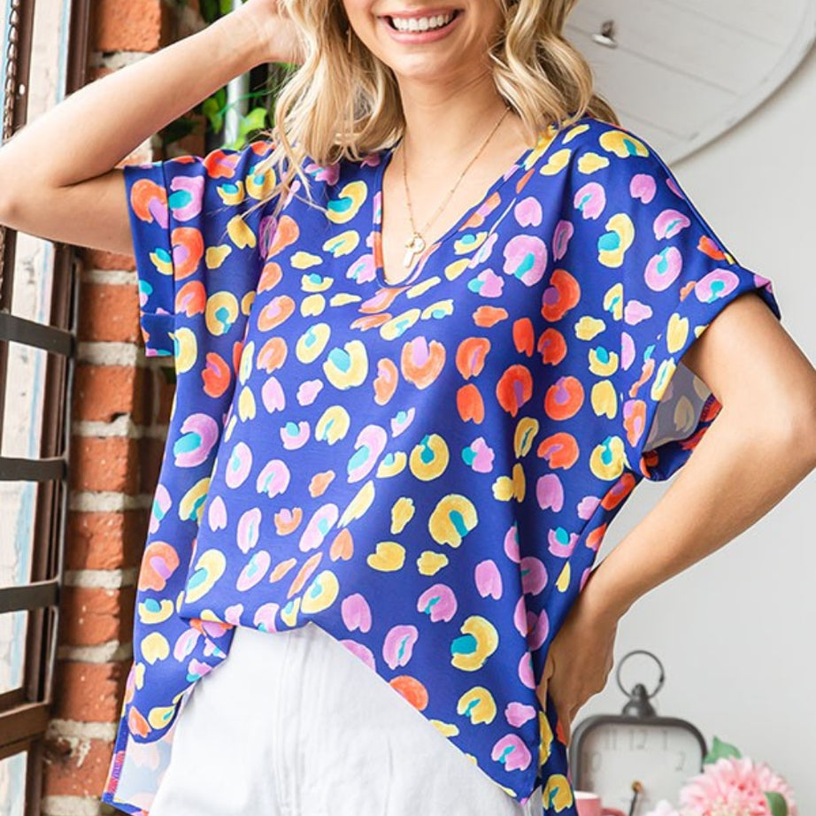 First Love Printed V-Neck Short Sleeve Blouse