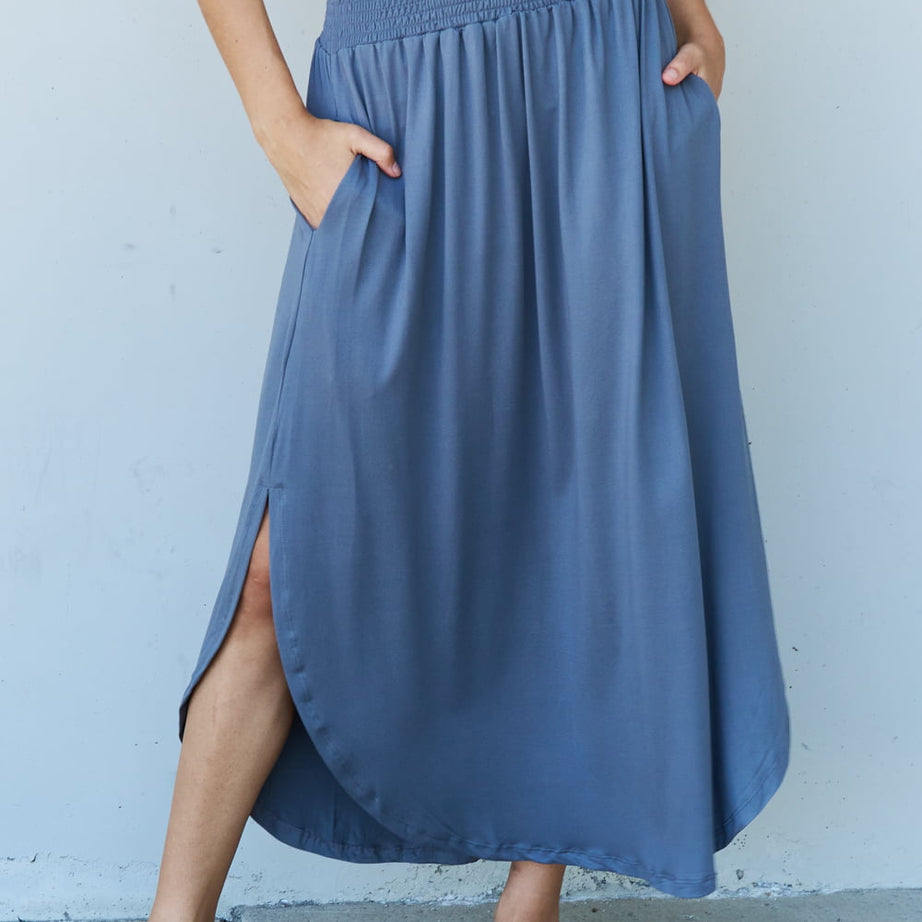 Doublju Comfort Princess Full Size High Waist Scoop Hem Maxi Skirt in Dusty Blue