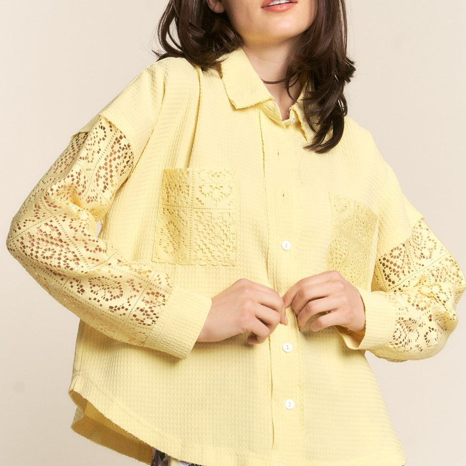 J.NNA Button Down Lace Long Sleeve Waffle Shirt