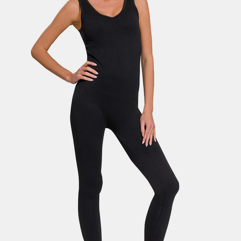 Zenana Ribbed Bra Padded Sports Seamless Jumpsuit