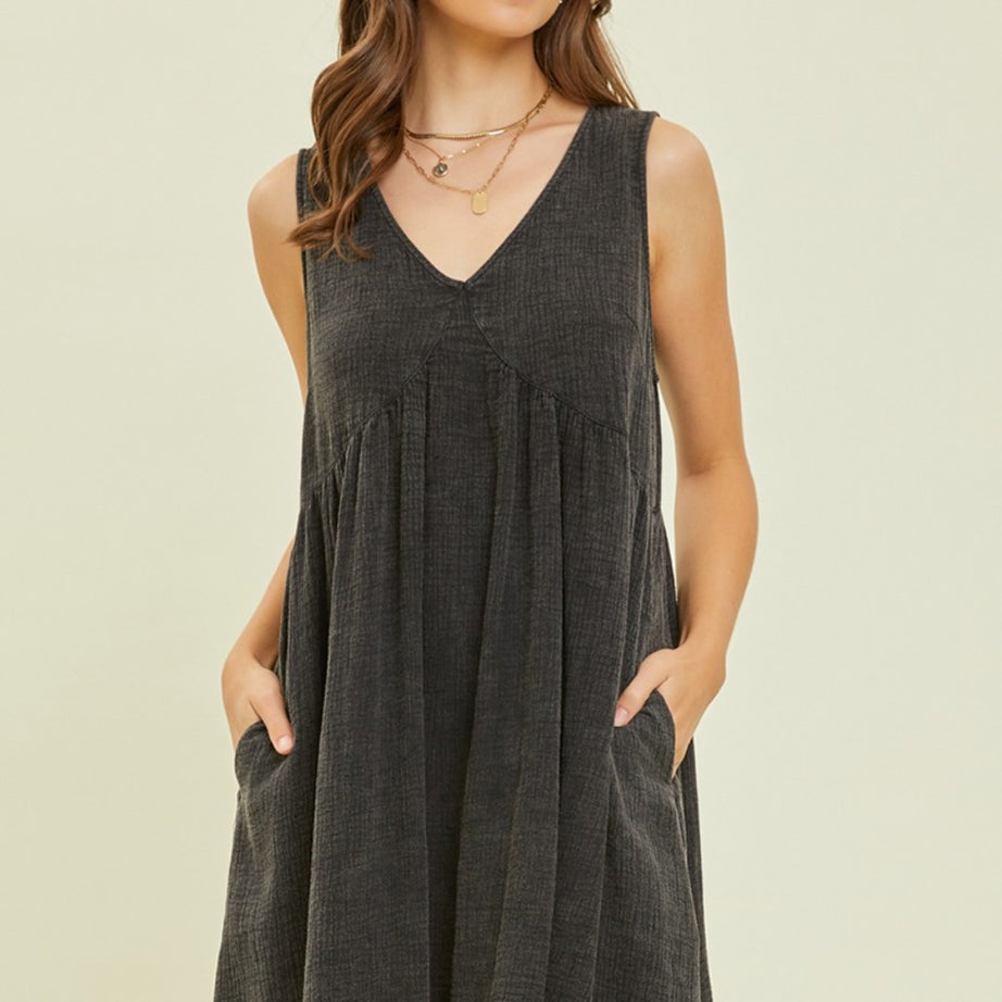 HEYSON Full Size Texture V-Neck Sleeveless Flare Mini Dress