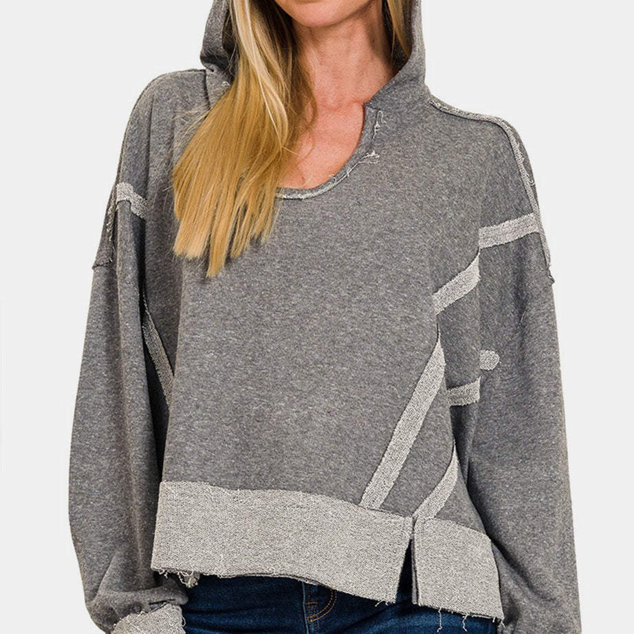 Zenana Contrast Trim Slit Hoodie